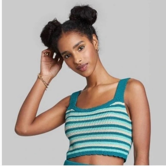 Wild Fable Juniors Stripe Scoop Neck Crochet Sweater Knit Cropped Tank Top Sz  L - Picture 4 of 14